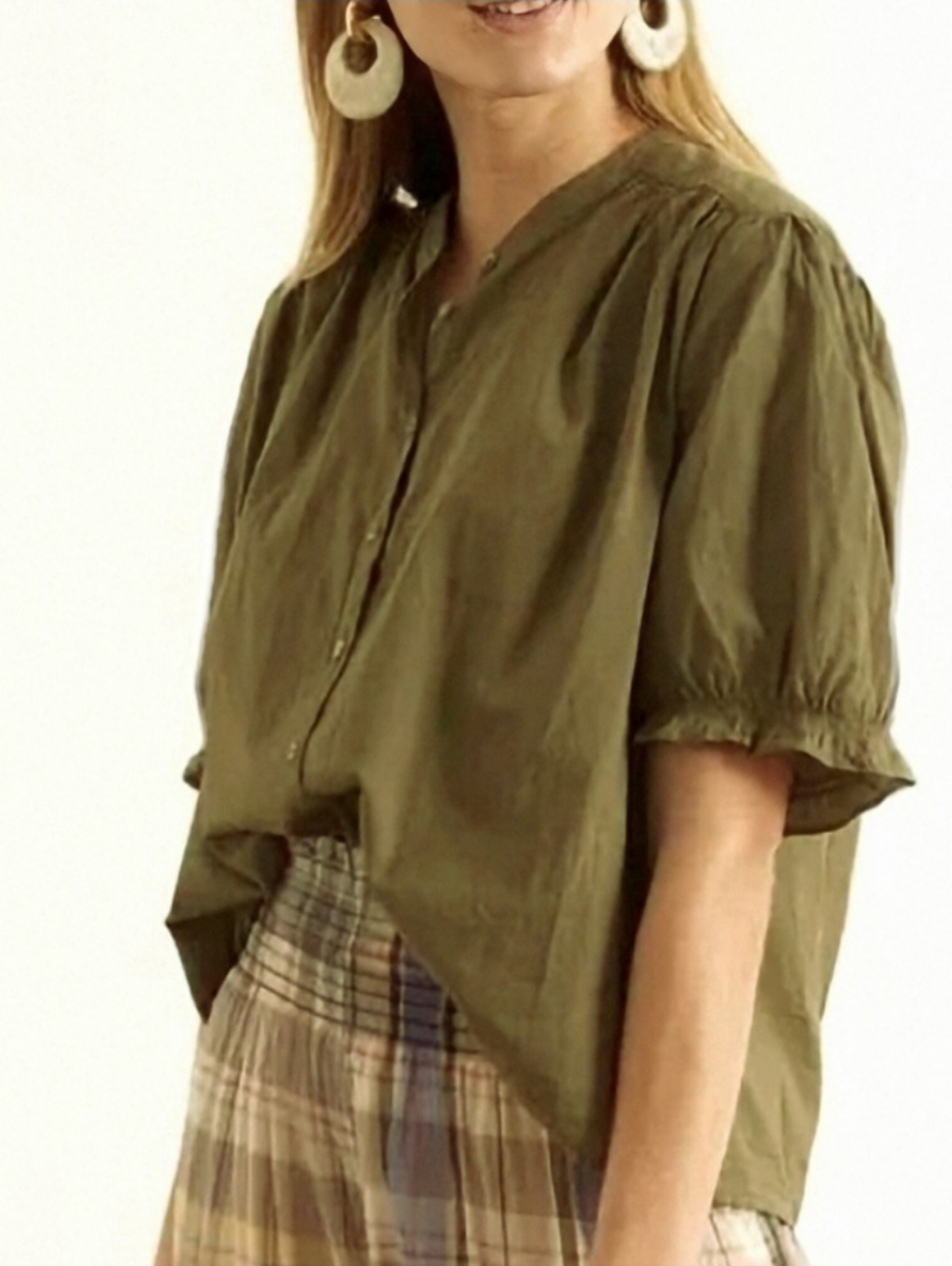 Xirena Olive Green Eden Puff Sleeve Cotton Shirt, Size Xs (Runs Big)